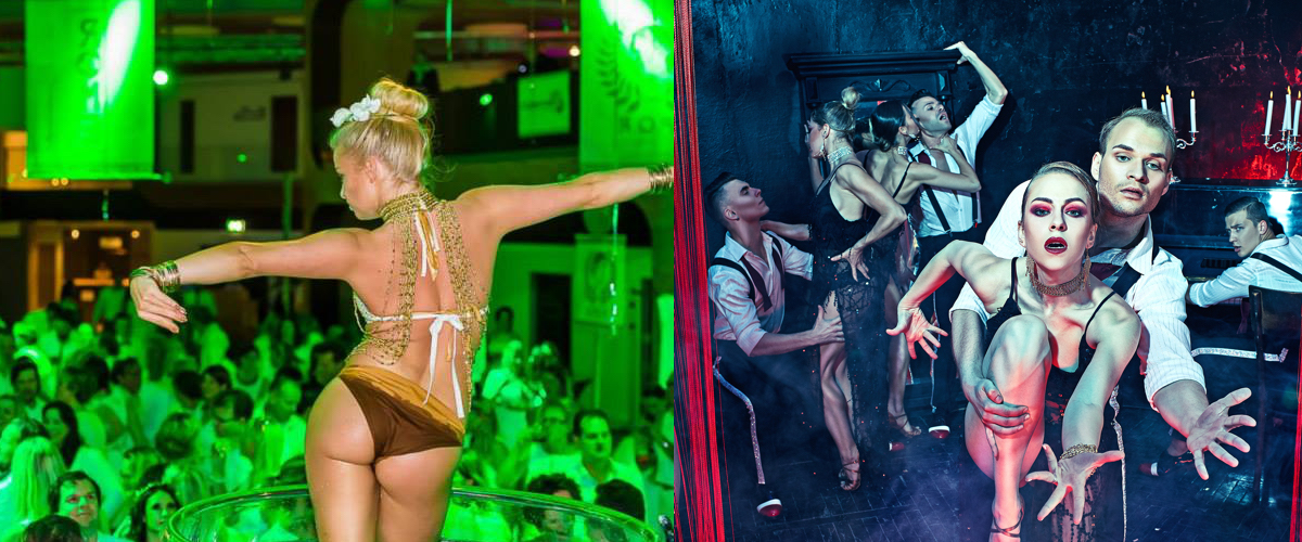Danseres, dansend in een Champagne Cup