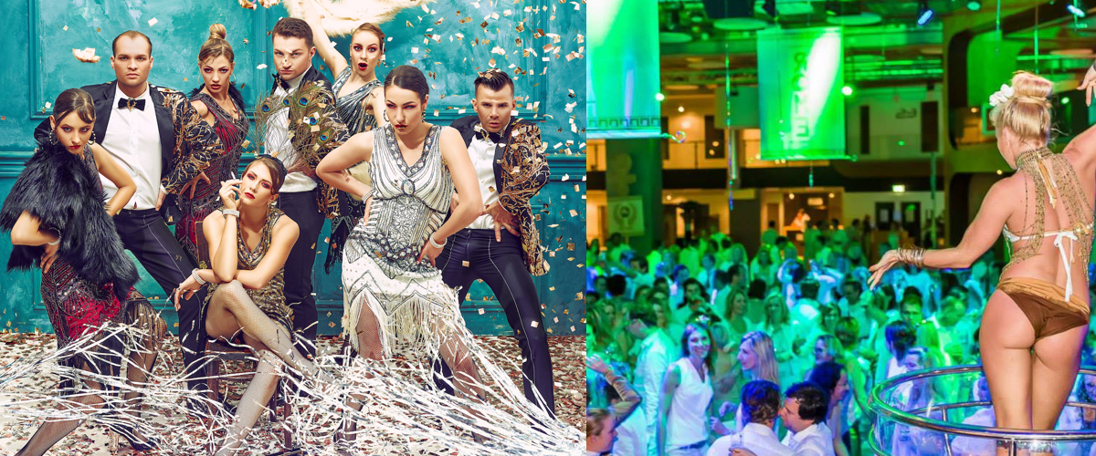 Danseres met een gigantische Witte Boa en Witte Waaiers
